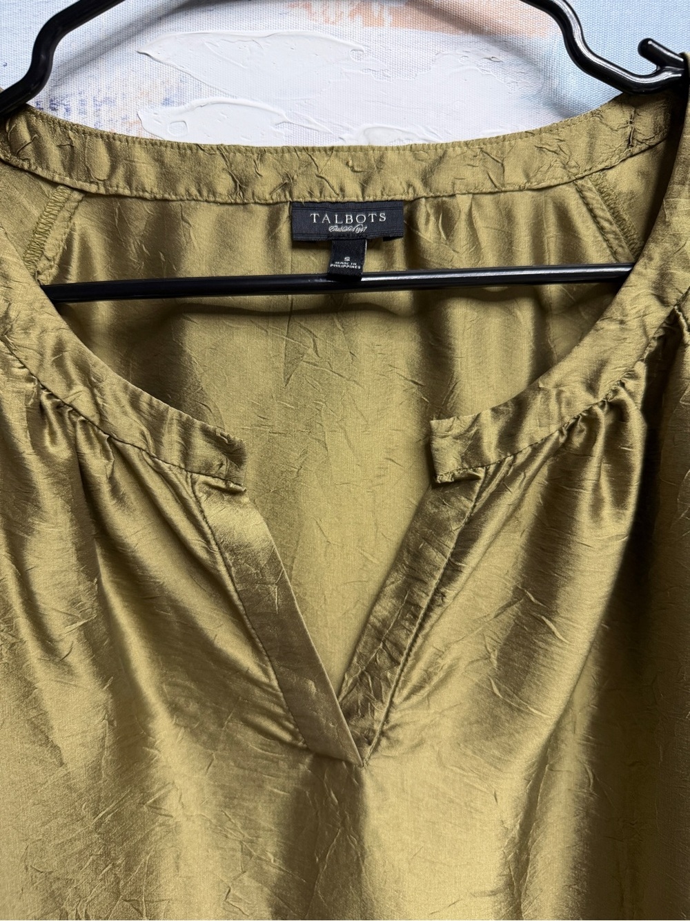 79% Silk! Talbots Shift Dress Small Olive Gold Balloon Sleeve Split Neck Dress - Picture 5 of 14